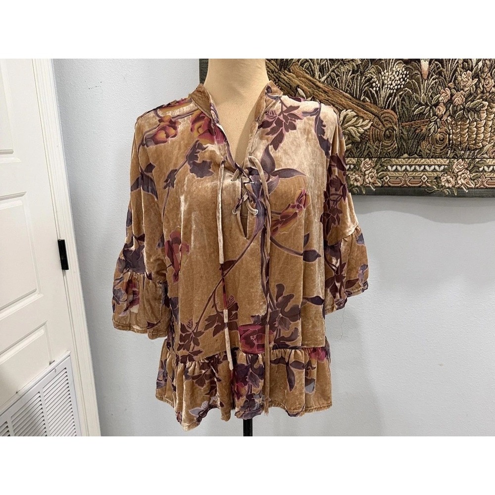 Karlie Shirt Womens Large Brown Velvet Floral Peplum Boho Lace Up Made USA